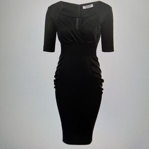 Hotouch Women Vintage 1950s Half Sleeve Pleated Business Pencil Dress Black sz M